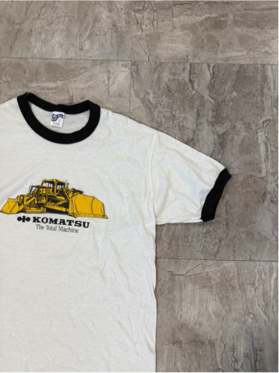 VTG 80s Komatsu Bulldozer Graphic Ringer T-Shirt Crew Heavy Equipment USA Made